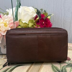 Vintage Buxom Genuine Leather Double Zip Organizer Wallet Calculator ID Brown